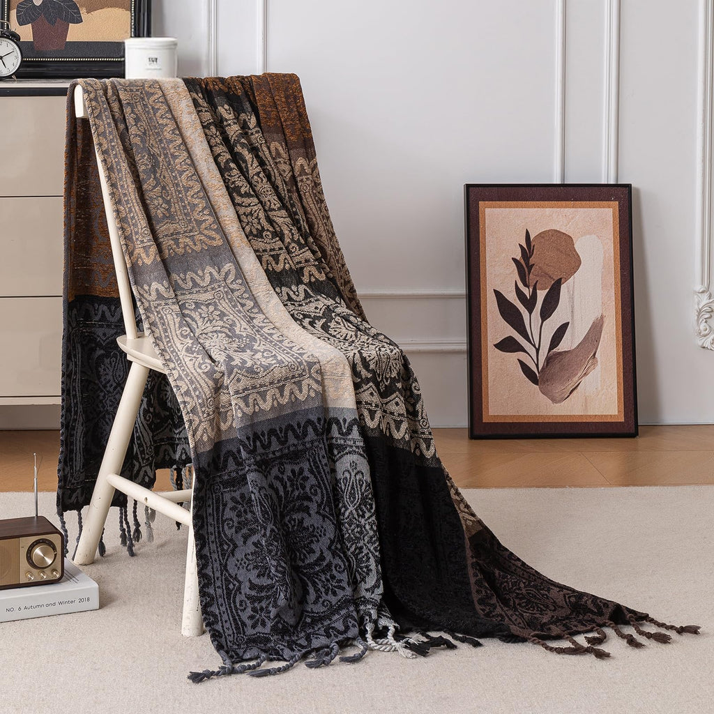 Boho Throw Blanket, Chenille Jacquard Tassels Throw Blankets for Bed Couch Soft Chair, Bohemian Fringe Tassels