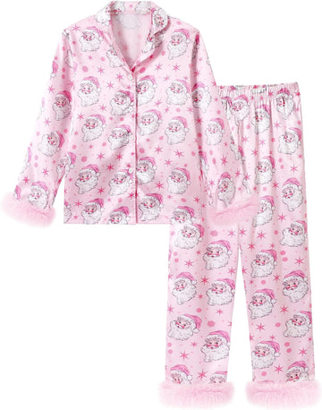 Girls 2 Piece Pajamas Set Satin Sleepwear Long Sleeve Jammies for Kids Button-Down Nightwear Loungewear