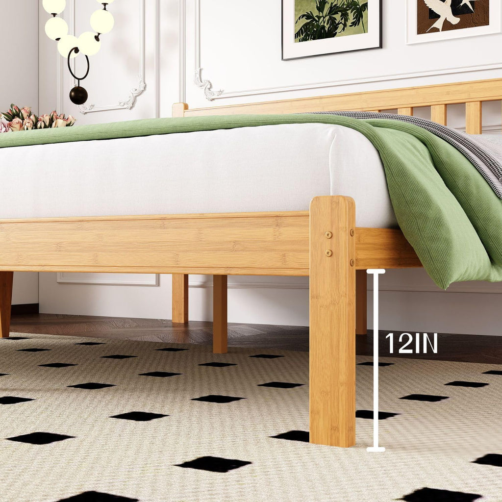 Queen 14 in High Bamboo Bed Frame with Headboard, No Box Spring Needed, Metal Slat Support, Easy Assembly