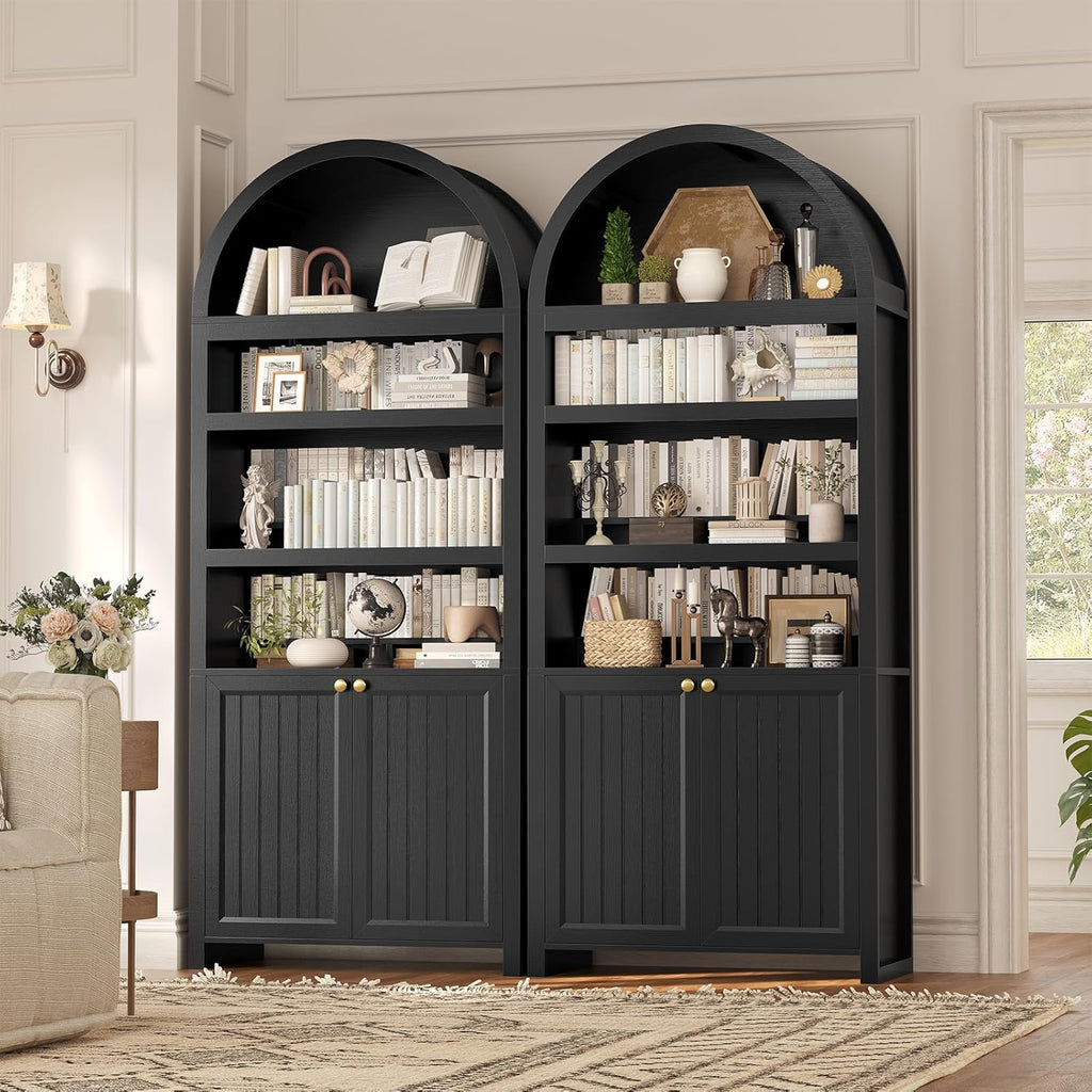 81" Tall Arched Cabinets,Bookcase with storage,Mid-Century Modern 6-Tier Bookshelf with Door,2 Book Risers and