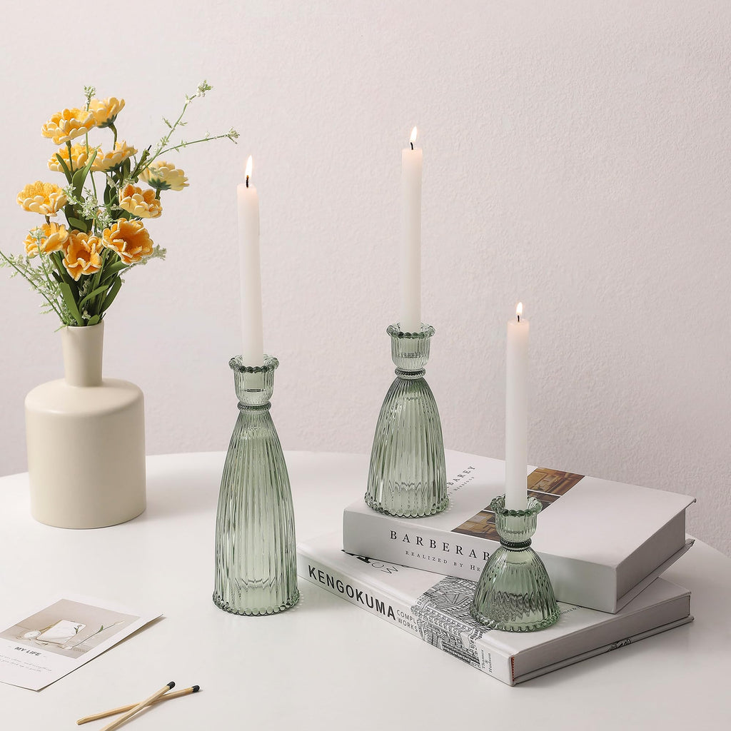 Vertical Stripe Candlestick Holders Set of 3, Premium Glass Candle Holders for Candlesticks and Taper Candles