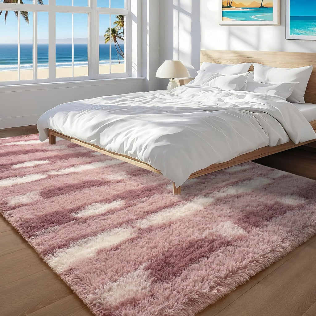 Pink and White Rugs Girls, Fluffy Soft Plush Area Rugs with Non-Slip Backing, Modern Striped Shag Fuzzy Carpets