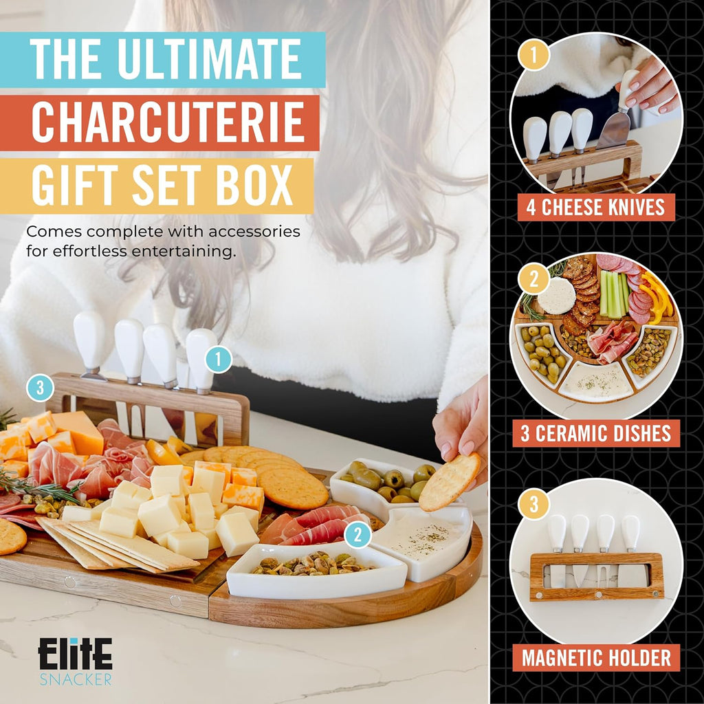 Large Charcuterie Board Set, Acacia Wood, Premium Finish | Magnetic 3-Piece Acacia Wood Design, Reshapes Circle