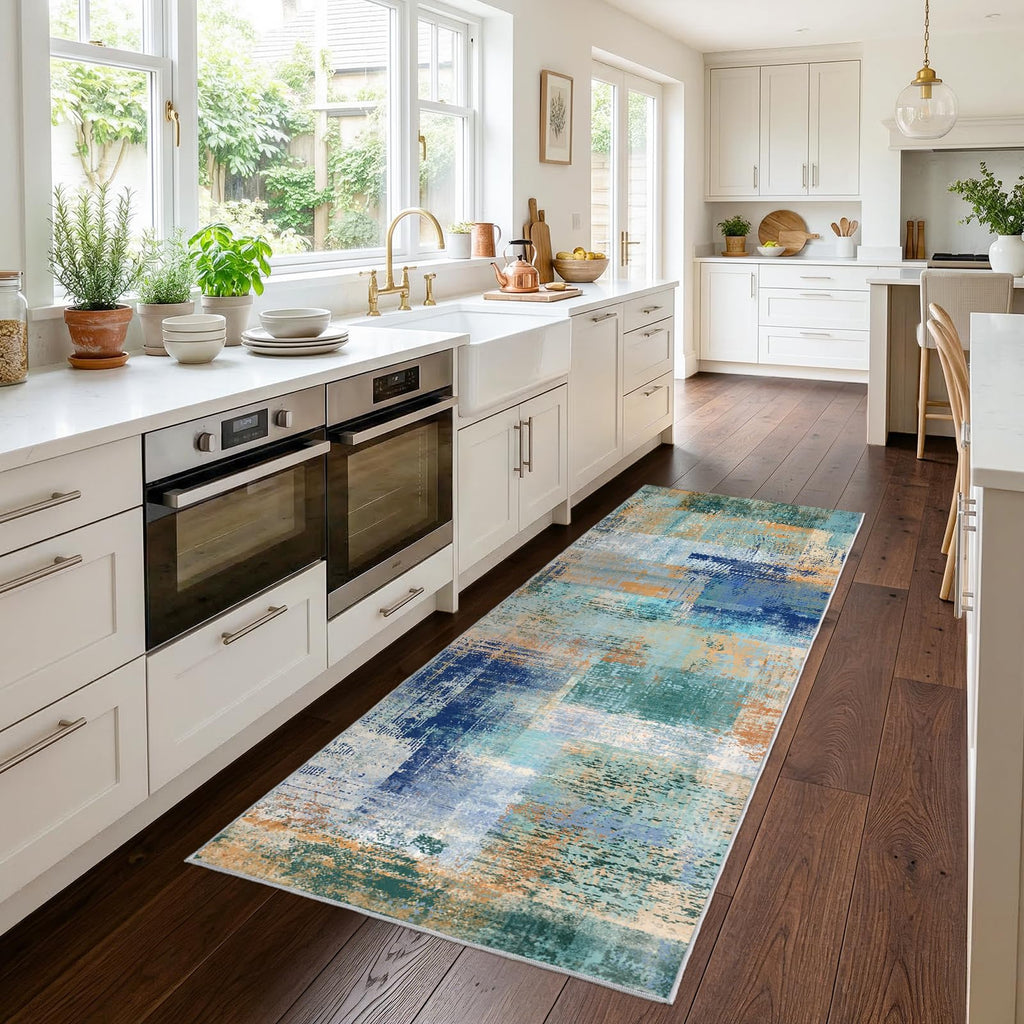 Abstract Runner Rug Washable Runner Rugs Non-Slip Rug Blue Blocks