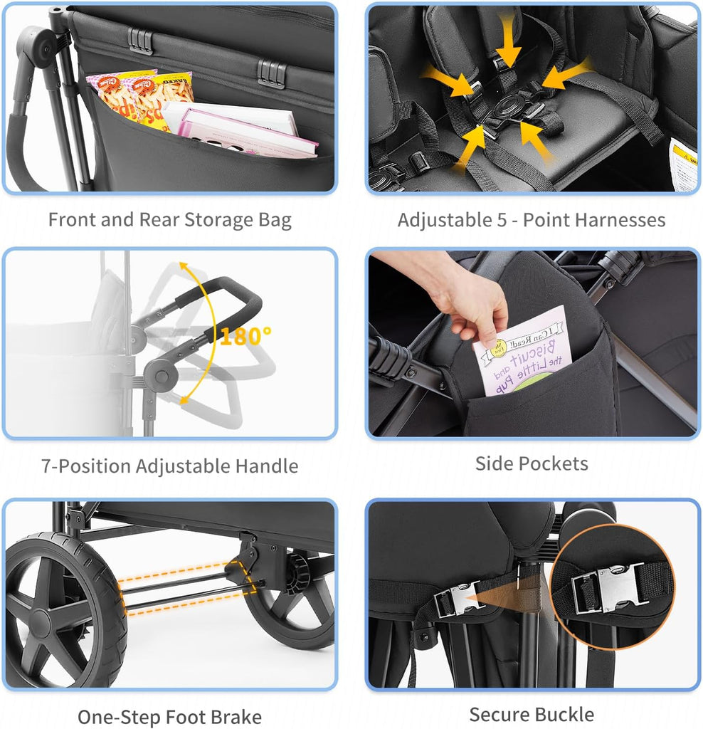 Stroller Wagon for 4 Kids, 4 Seater Wagon Stroller Featuring 4 High Seat with Point Harnesses and Adjustable