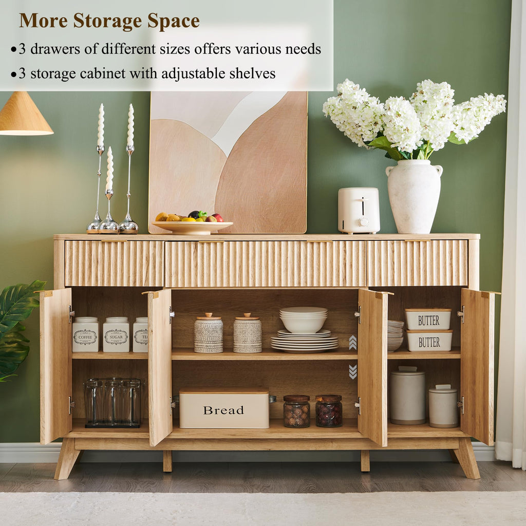 60 Inch Fluted Buffet Sideboard Cabinet, Natural Oak