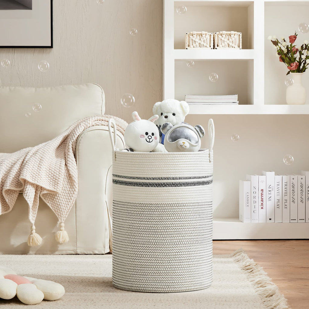 72L Tall Woven Laundry Basket Hamper, Stripe White