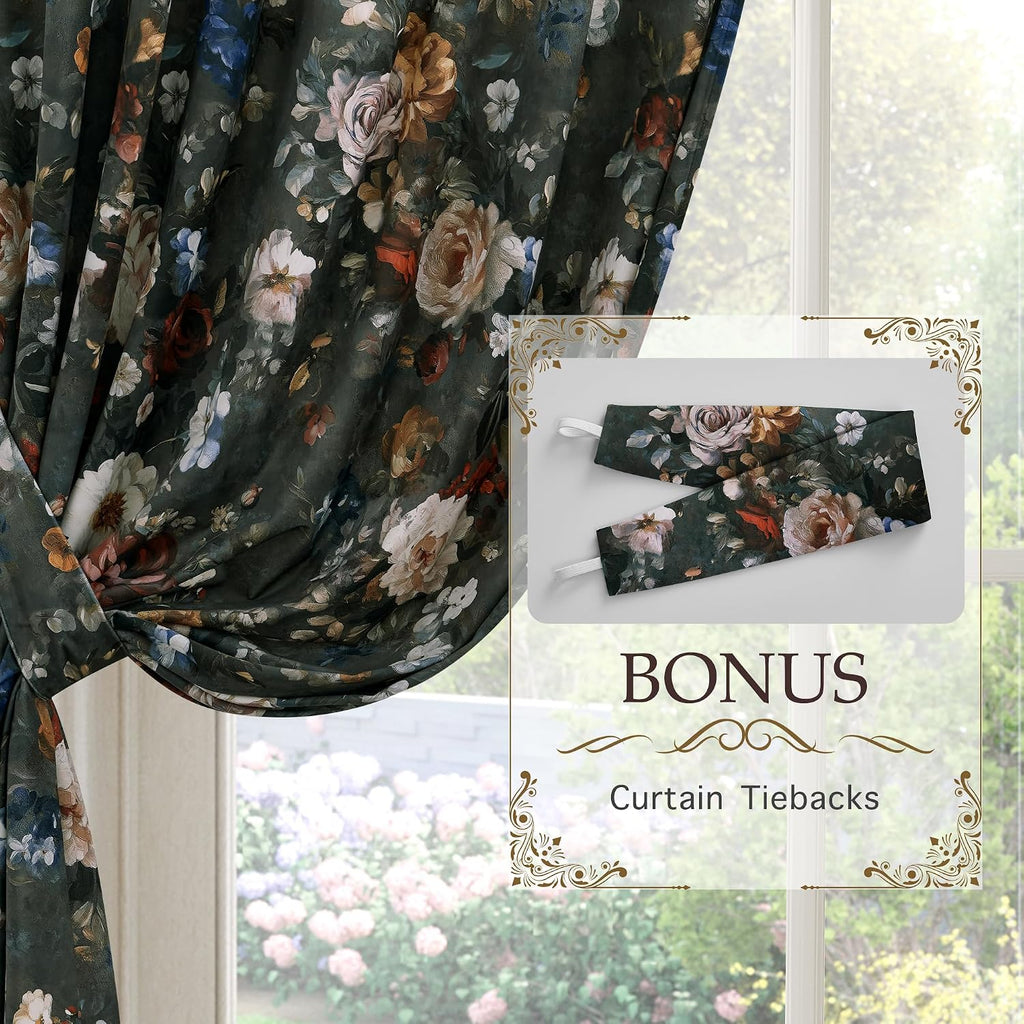 Green Velvet Curtains 102 inches Long, Printed Floral Vintage Design Home Decoration Super Soft Light Filtering