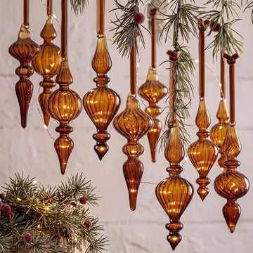 Vintage Glass Finial Christmas Ornaments, Dark Brown - Set of 12