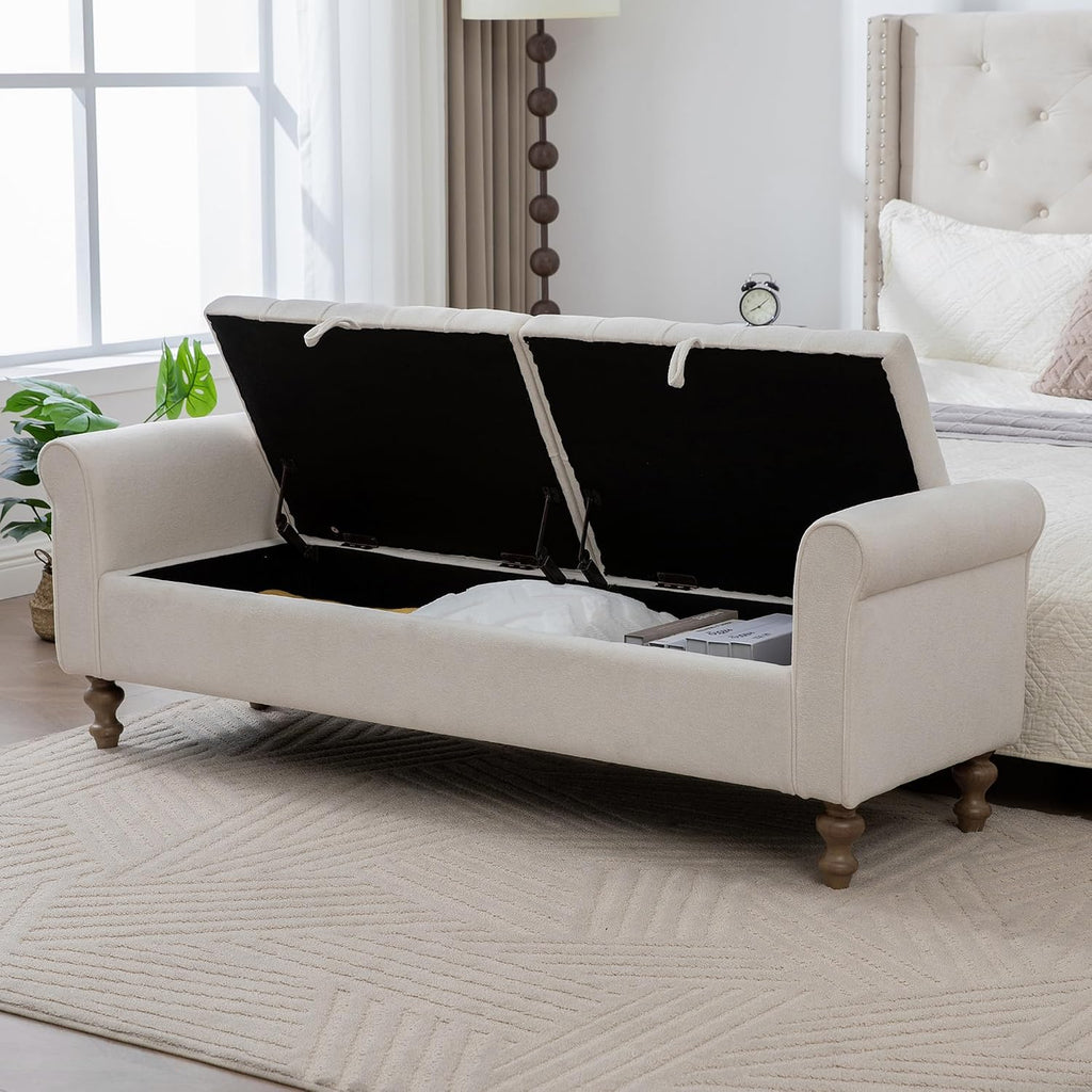 66" End of Bed Storage Bench King Size Beige,Napped Fabric Window Bench with Dual-Opening Compartments,Long Tufted