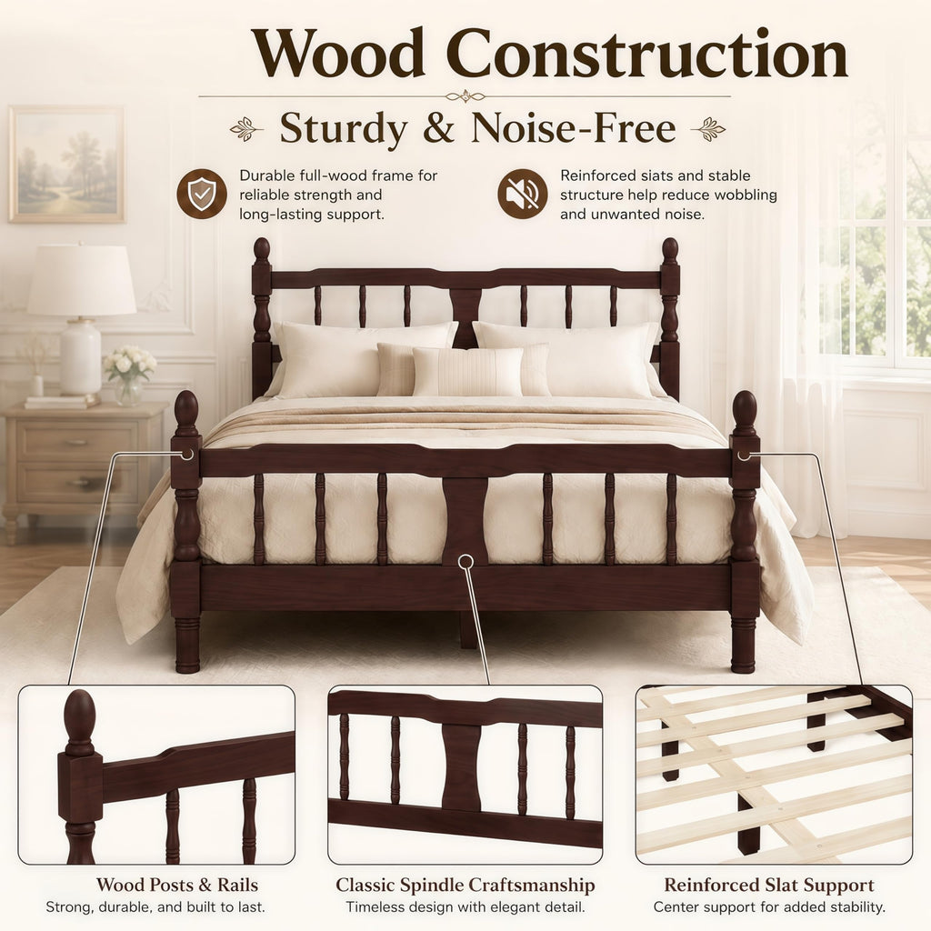 Platform Bed with Spindle Headboard & Footboard, Farmhouse Spindle Bed Frame with Wood Slat Support, No Box