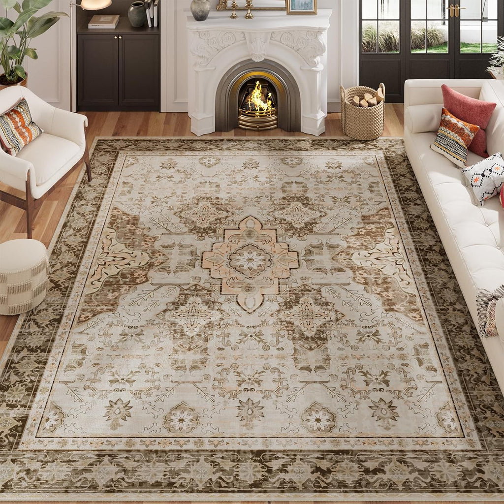 8x10 Area Rugs, Large Non-Slip Washable Rug, Boho Vintage Retro Medallion Print Pattern Carpet Dining Room Home