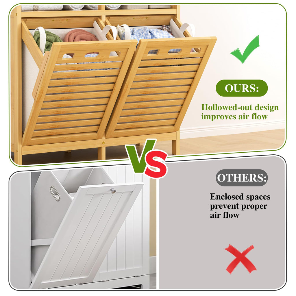 Tilt Out Laundry Hamper Cabinet, Bamboo Double Laundry Hamper with 2 Removable Laundry Baskets, 20 Gal Laundry Sorter