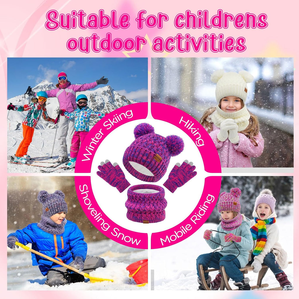 Kids Winter Hat Gloves Scarf Set Fleece Lined Beanie with Pom knitted Neck Warmer for Boys Girls Aged Cold