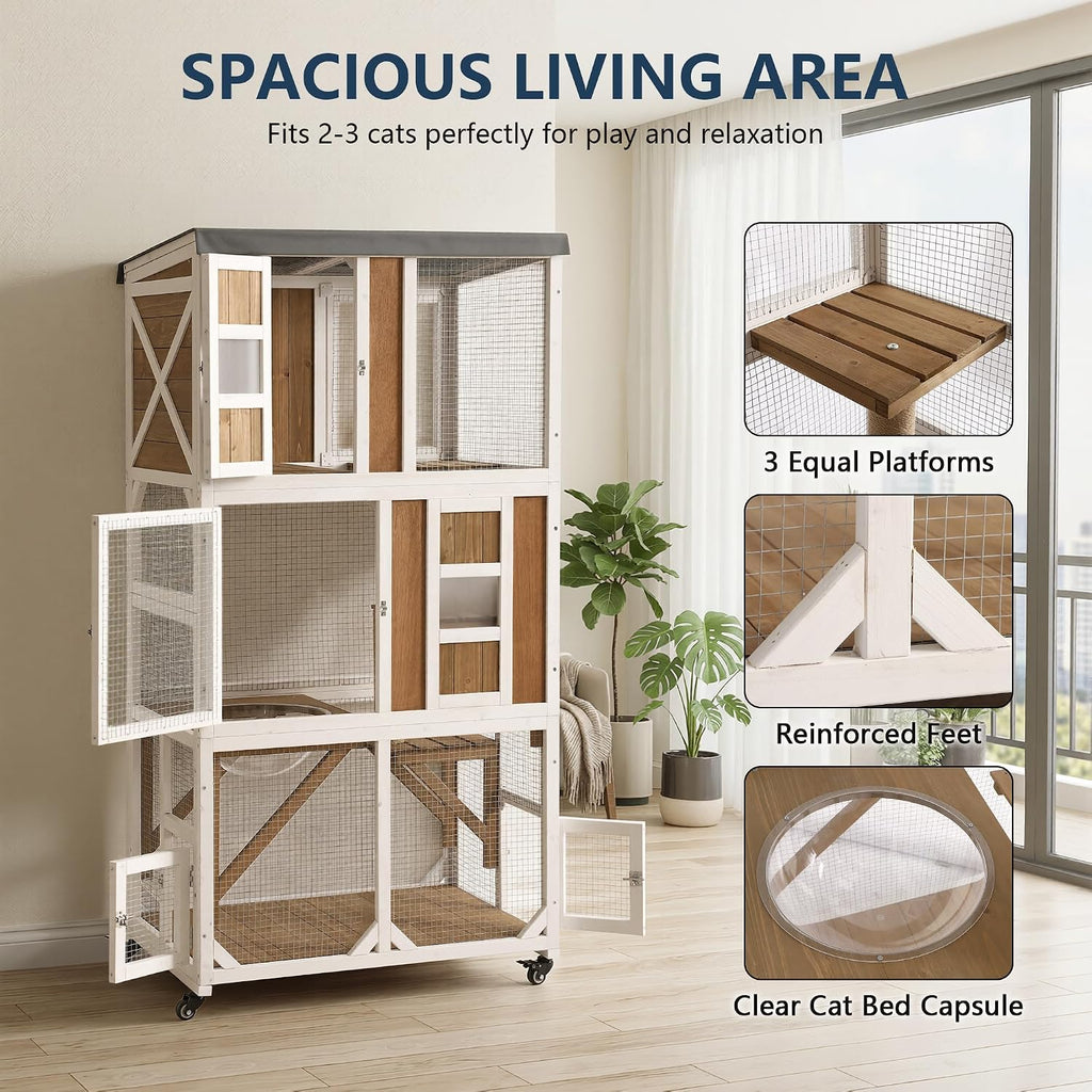 63.5" H Outdoor Cat Enclosure, Wooden Window Catio with Wheels