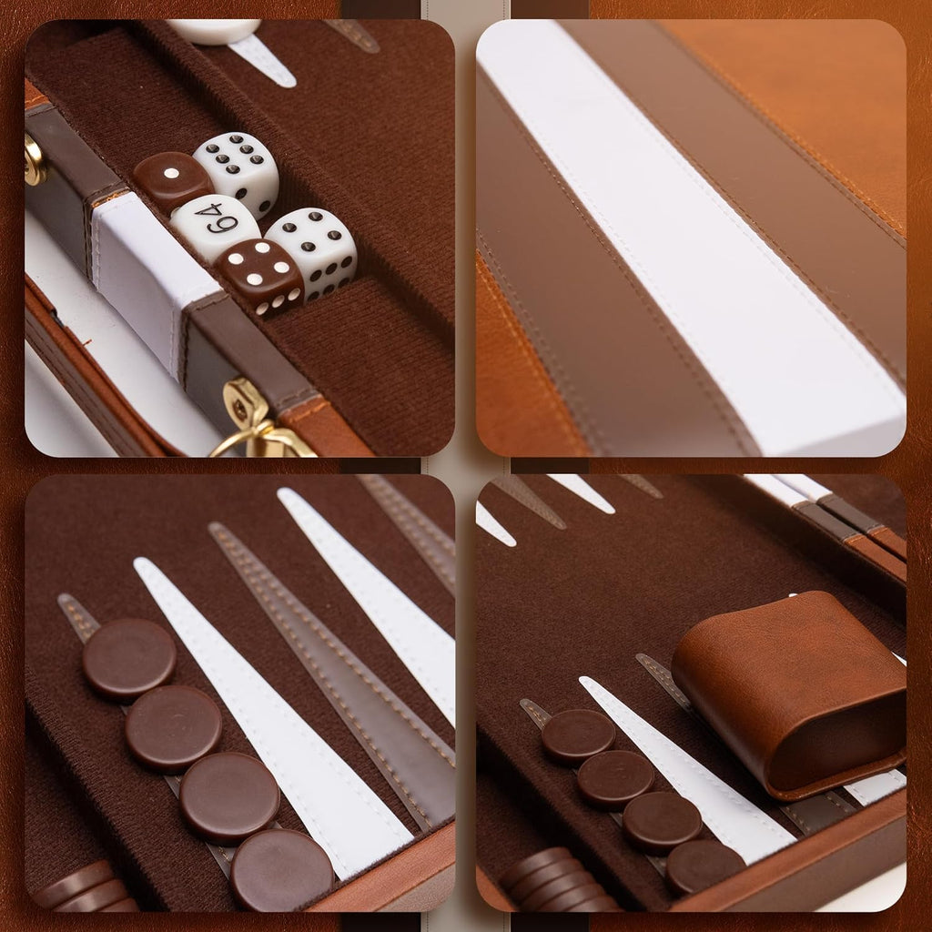 Backgammon Board Game, Deluxe Leather Like Case, Felt Interior, Brown, Classic Backgammon Game, Popular Board Game