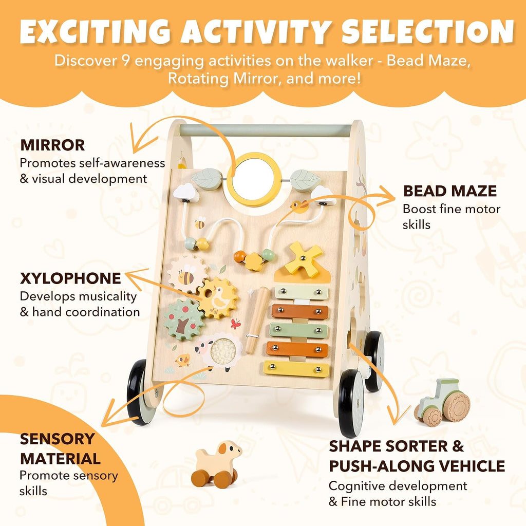 Wooden Baby Push Walker, Baby Walker with Activity Center for Girls Boys, Montessori Sensory Push Toys for Babies