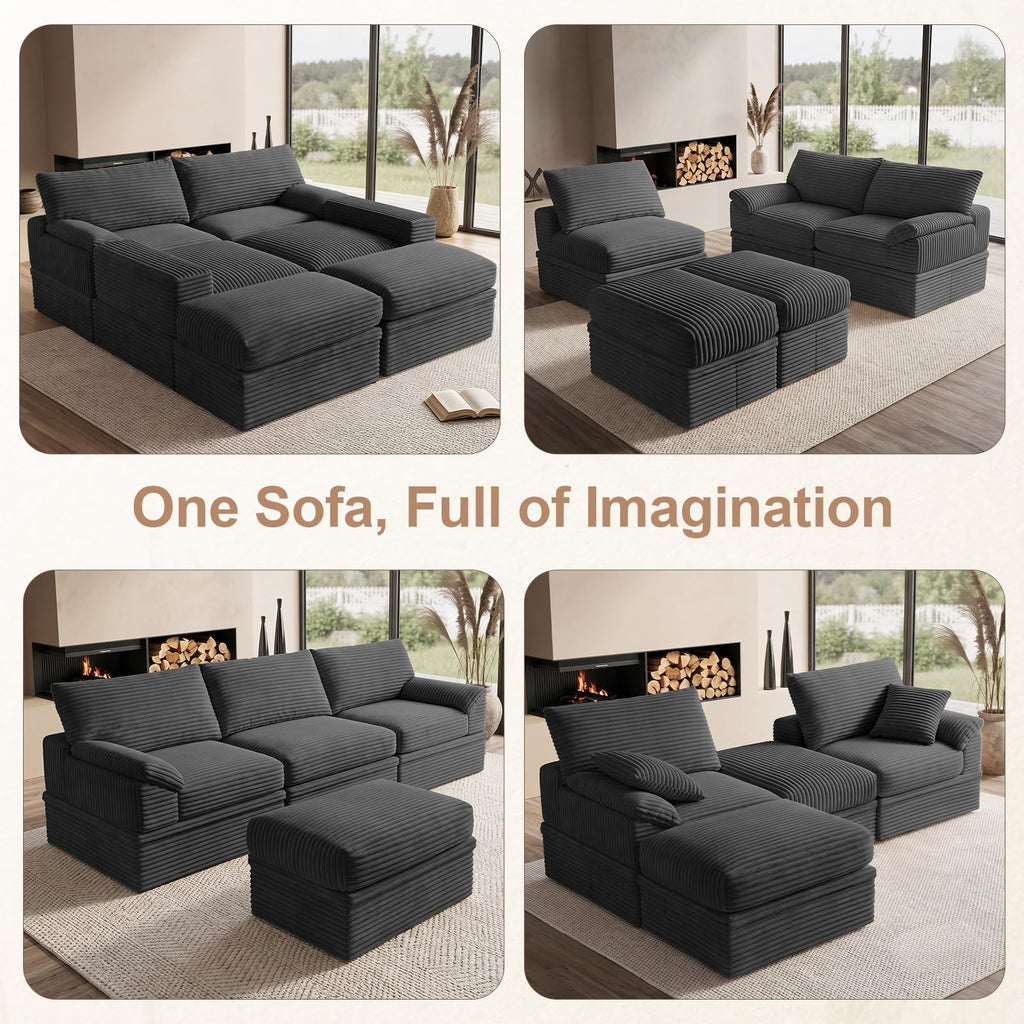 107" Boneless Couch with Storage, 48.6" Extra Deep-High Seat Modular Sectional Sofa with Ottoman, 3 Seater U Shaped