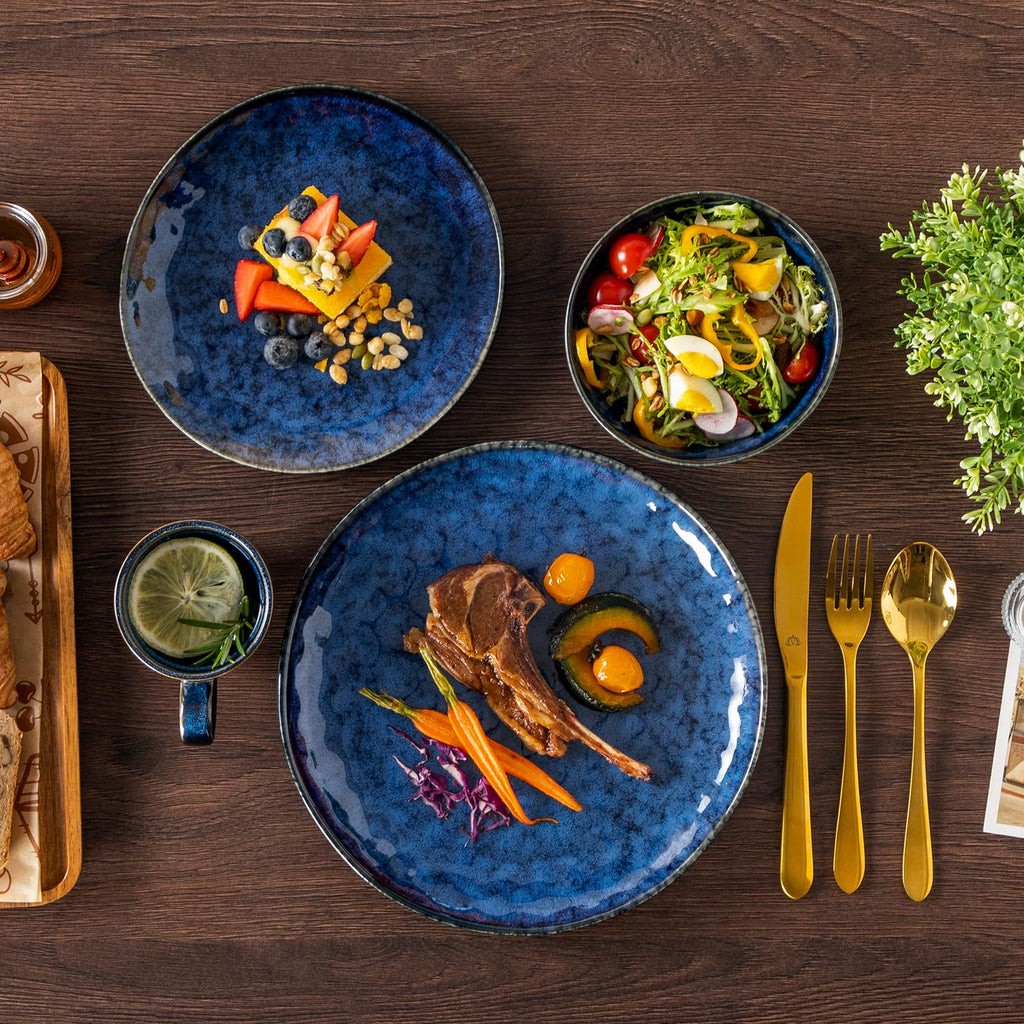 Starry 16 Pcs Dinnerware Set for 4, Handmade Reactive Glaze, Blue