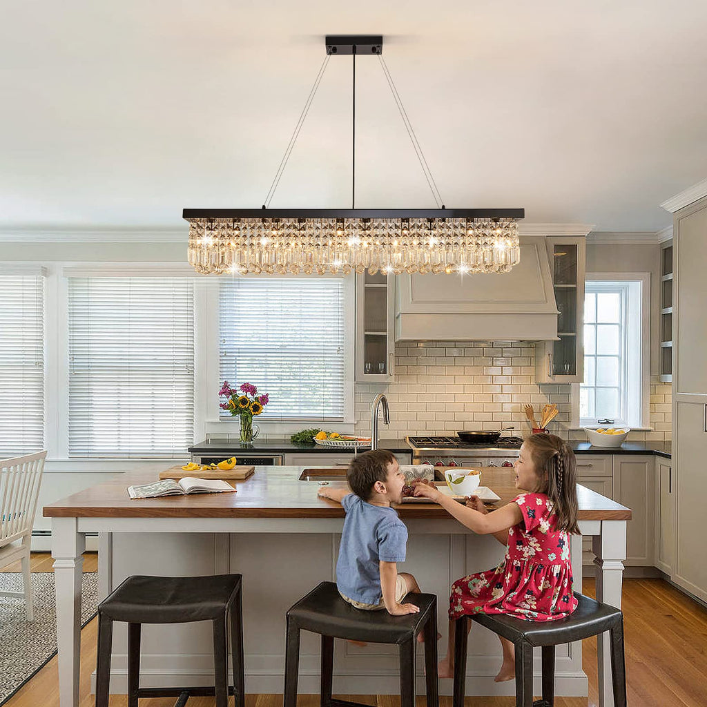 Rectangle K9 Crystal Chandelier Modern Rectangular Pendant Lighting Fixture Kitchen Island Bedroom Black L47'' x