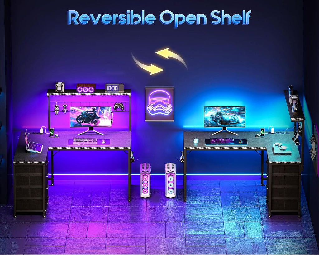 43" L Shaped Gaming Desk with Shelf & 4 Drawers, Black Carbon Fiber | Compact corner computer table. Reversible study