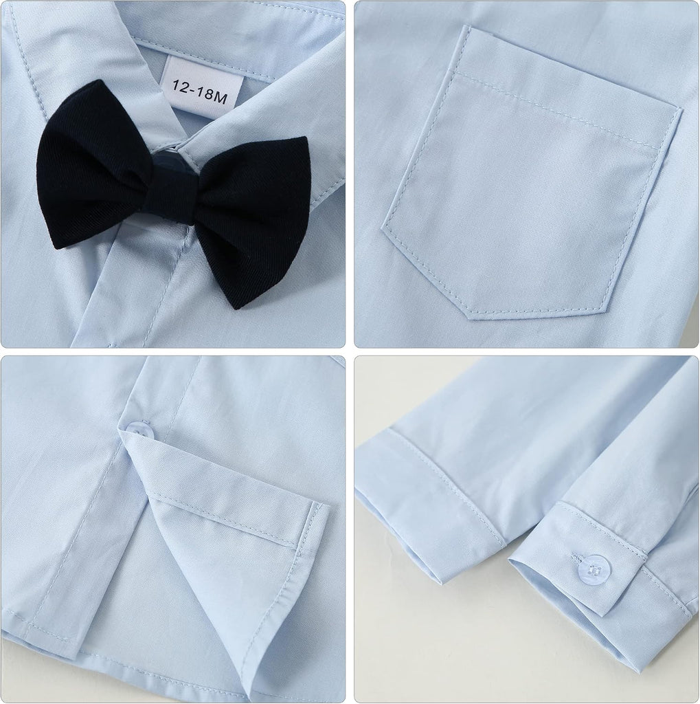 Toddler Baby Boy Clothes Suit Gentleman Wedding Outfits, Formal Dress Shirt+Bowtie+Vest+Boutonniere+Suspender Pants