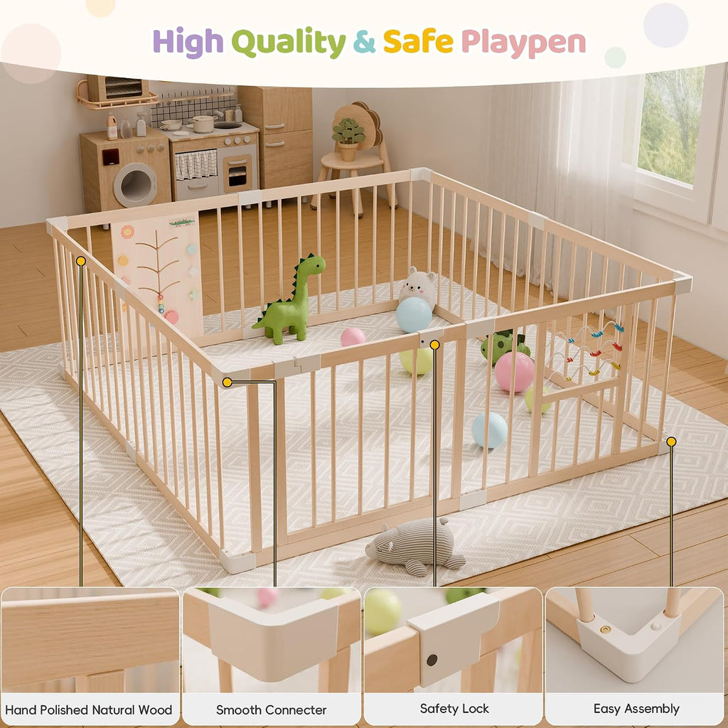 Wooden Baby Playpen, 63" x 63" Adjustable Size & Shape Play Yard Fence for Babies and Toddlers with Locking Gate