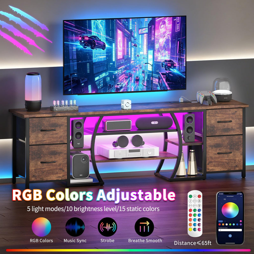 LED TV Stand for 65, 70, 80 Inch TV, 71 Inch Industrial Entertainment Center with Power Outlets, Media Console Table