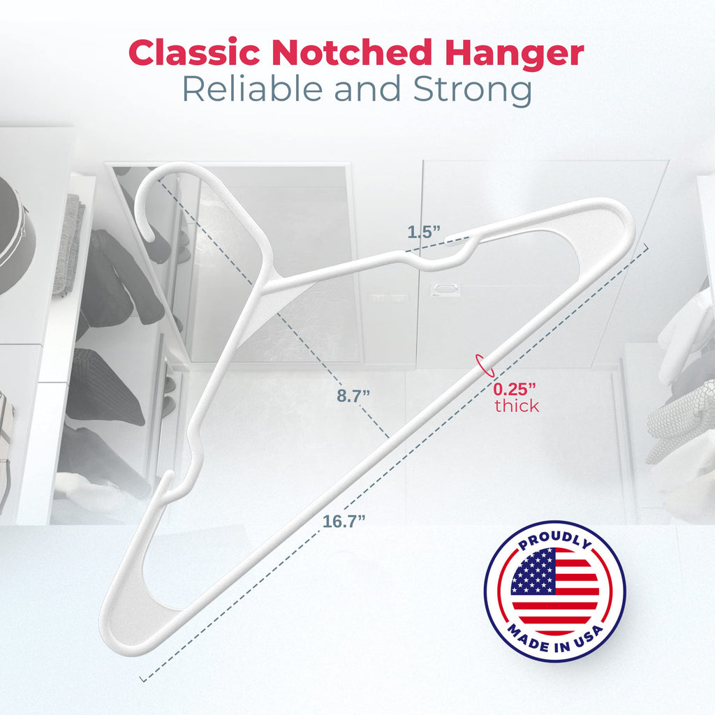Plastic Hangers 60 Pack - Made in The USA - 6lb Capacity Standard Clothes Hangers with Notches and Reinforced Edges