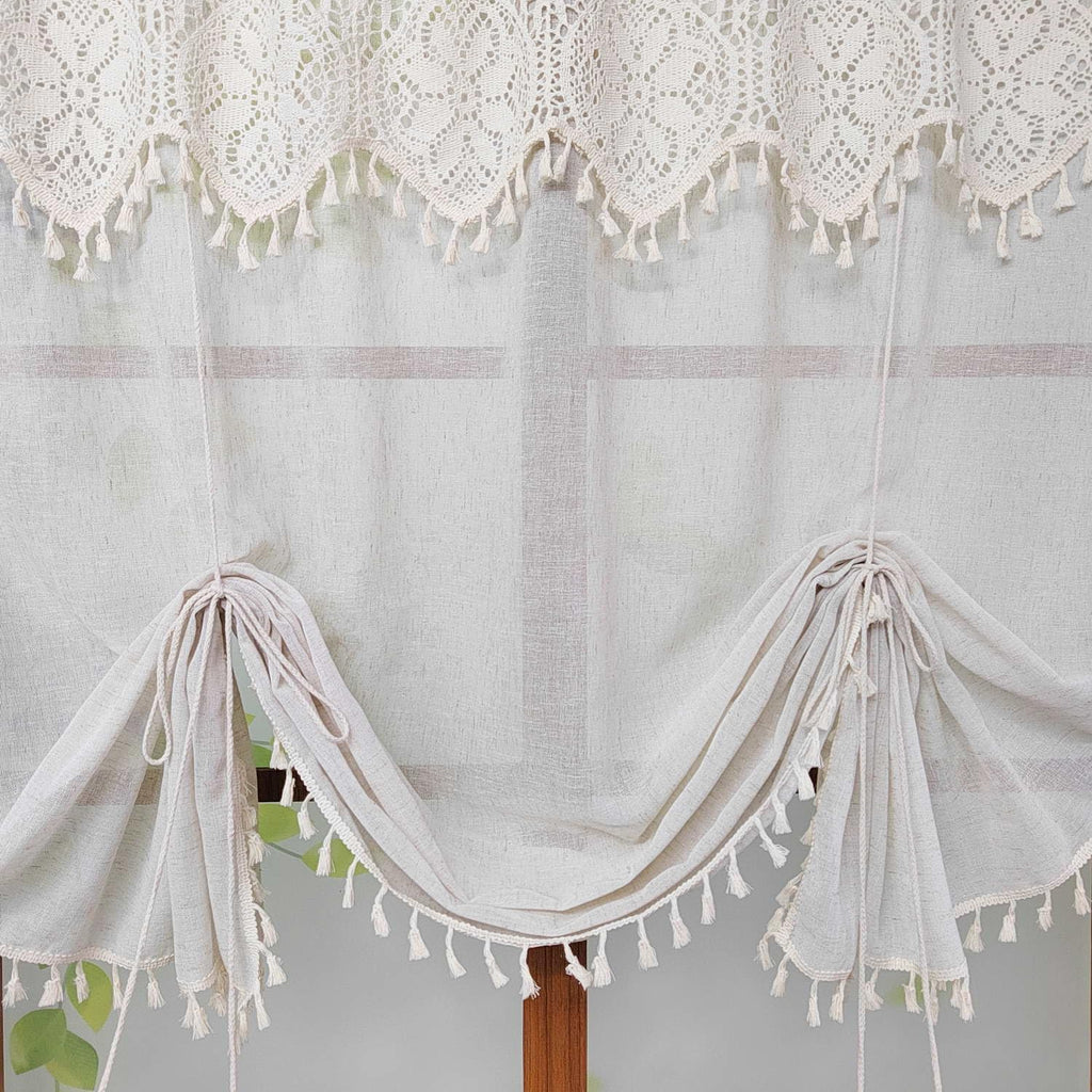 Boho Crochet Lace Tie Up Sheer Curtain Valance Windows