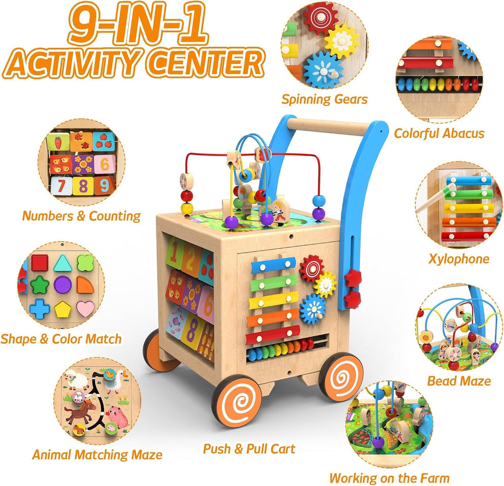 In-1 Wooden Activity Cube Walker for 1 Year Old, Sit-to-Stand Push Walker