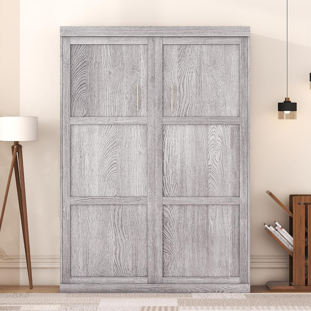 Full Murphy Bed, Farmhosue Wall Bed Frame, Solid Wood Cabinet Bed Frame for Home Office, Guest Room, Apartment, Grey