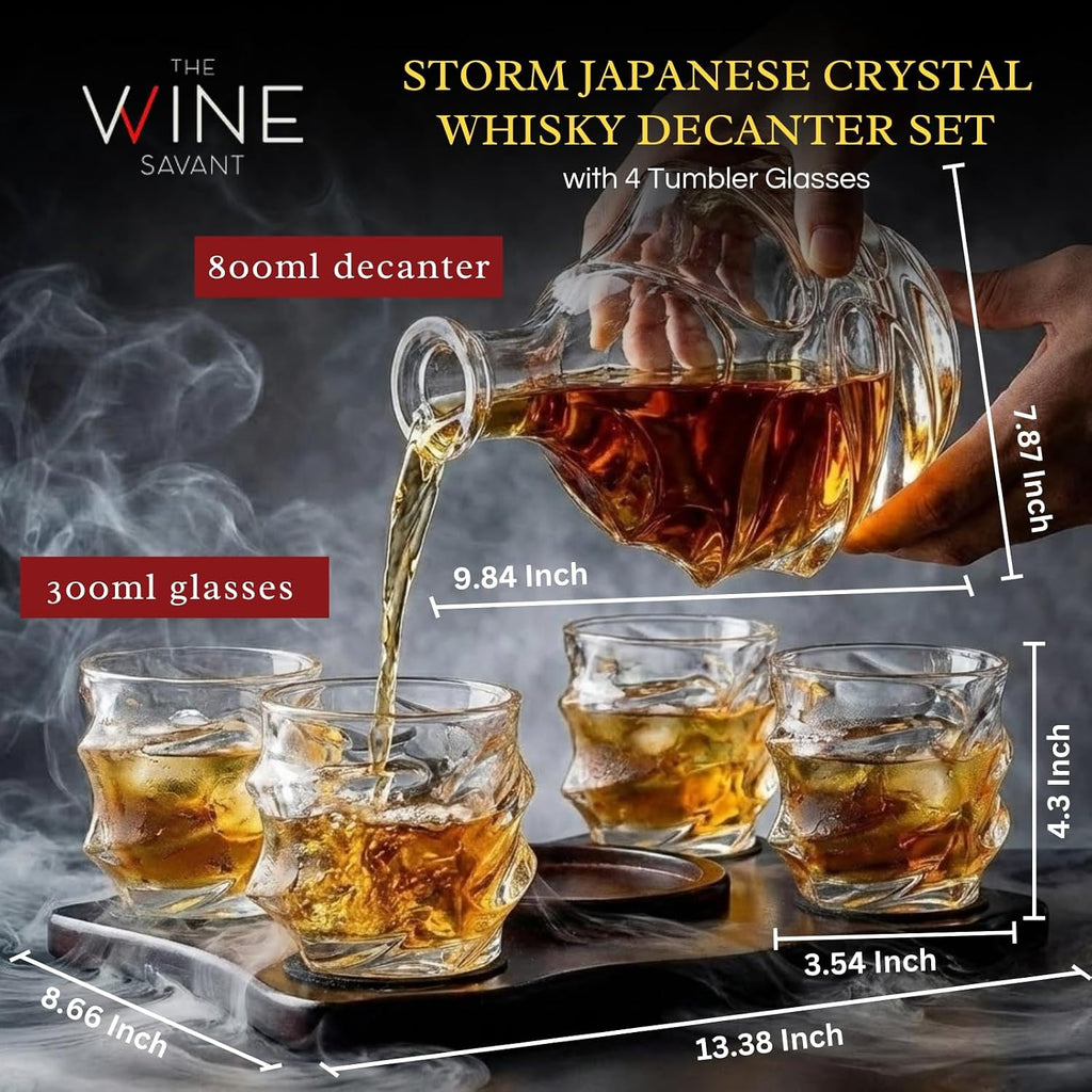 Storm Japanese Crystal Whisky Decanter Set with 4 Tumbler Glasses, Lead-Free Liquor Carafe & 10oz Rocks Glasses