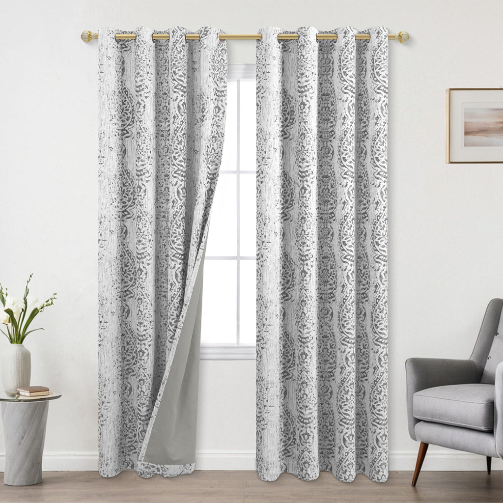 Patterned Blackout Curtains 84 Inch Long, Grey Light Gray Black Out Moroccan Geometric Pattern Curtains 2 Panels Set