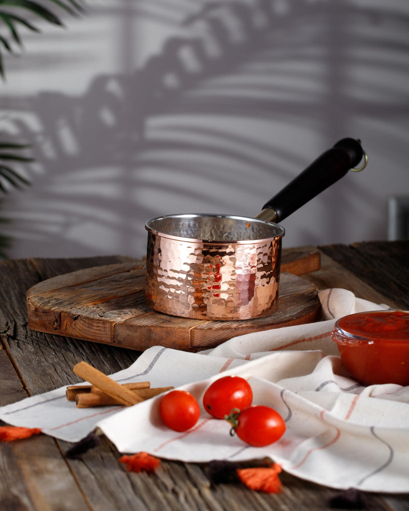 Copper Saucepan, 1mm Thick Solid Uncoated Copper, Wooden Handle, Tin Lined, 100% Handmade in Turkey (0.8