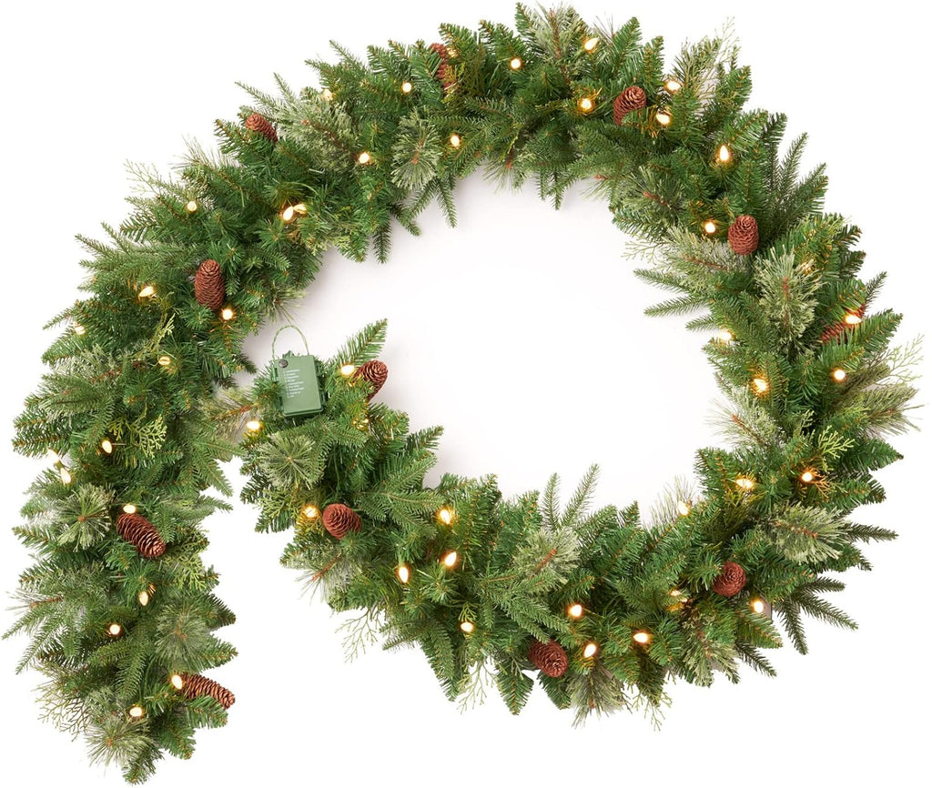 9Ft Pre-lit Christmas Garland with 50 LED Lights Battery Operated,Holiday Decoration Stairs Wall Mantle Door Indoor