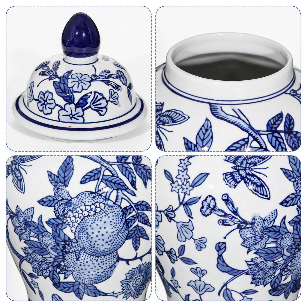 Blue and White Vase Ginger Jar - 12" Chinoiserie Decor Large Ginger Jar Blue & White Porcelain Flower Ceramic Covered