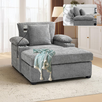 Chaise Lounge Chair Indoor with Movable Ottoman, Grey
