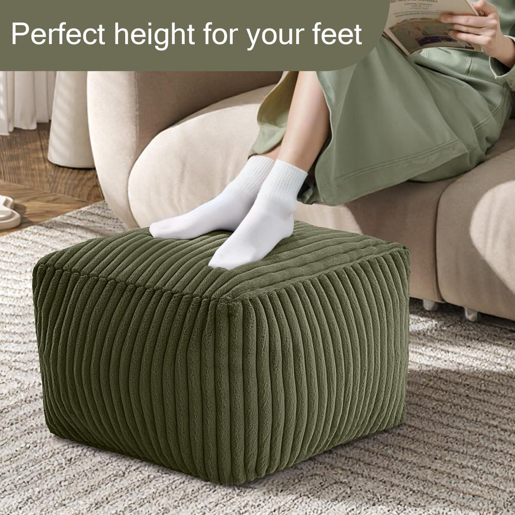 Square Pouf Ottoman Foot Rest, 15 Inch Faux Fur Pouf, Green
