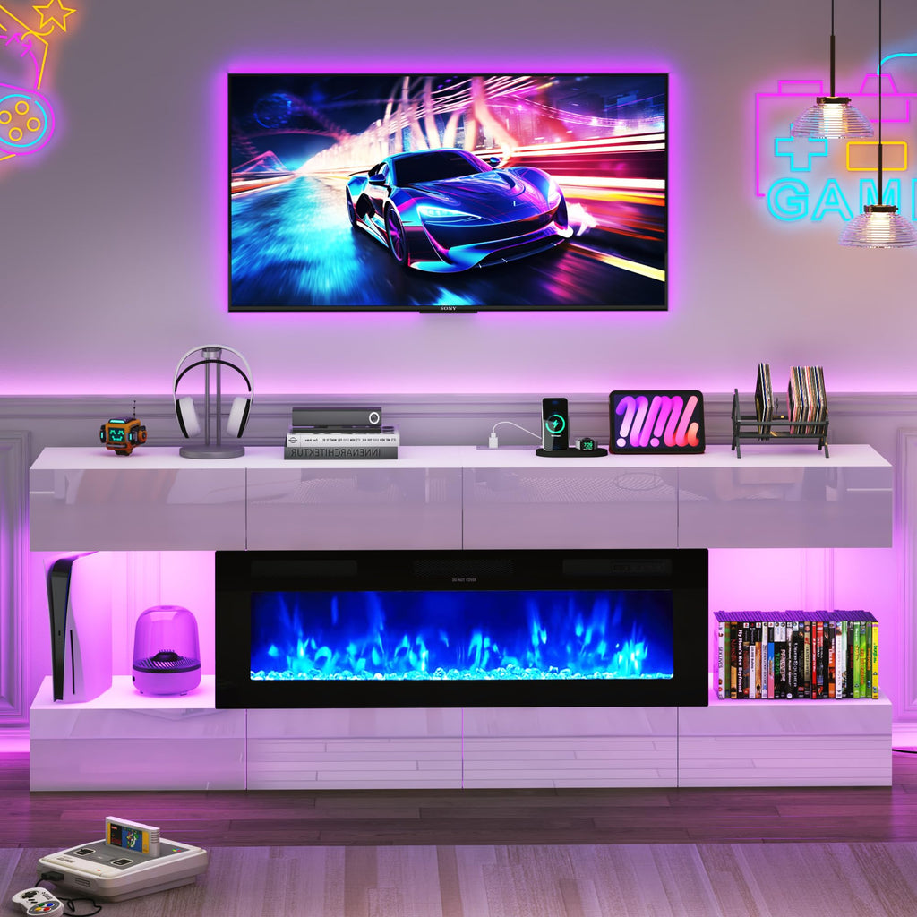 82" Fireplace TV Stand, LED Entertainment Center with 8 Drawer for 90" TVs