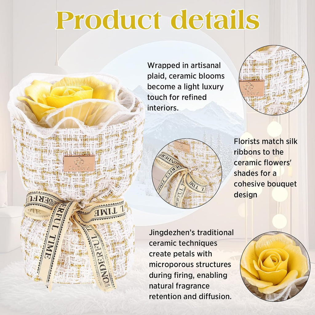 Yellow Ceramic Rose Bouquet for Essential Oil-Ceramic Diffuser for Small Mini Room(Passive Diffuser Aroma Stone)The