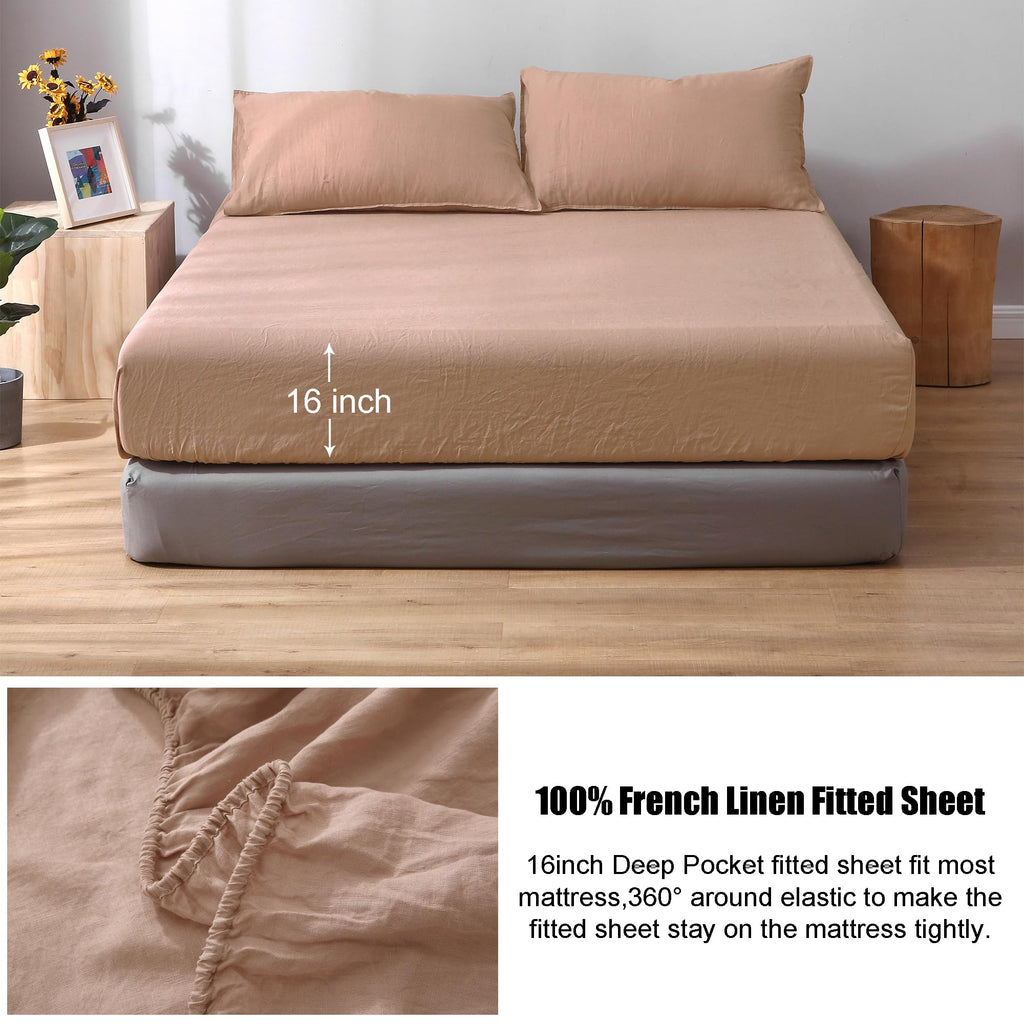 100% Linen Sheets Set, Washed French Flax Bed Sheets Set 4Pcs(1 Flat Sheet&1 Fitted Sheet&2 Pillowcases