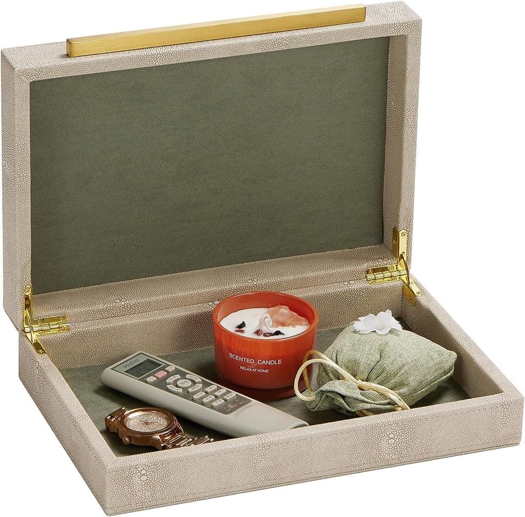Kingflux Ivory Shagreen Decorative Box For Keepsake And Memory, Faux Leather Storage Box Jewelry Organizer Wooden