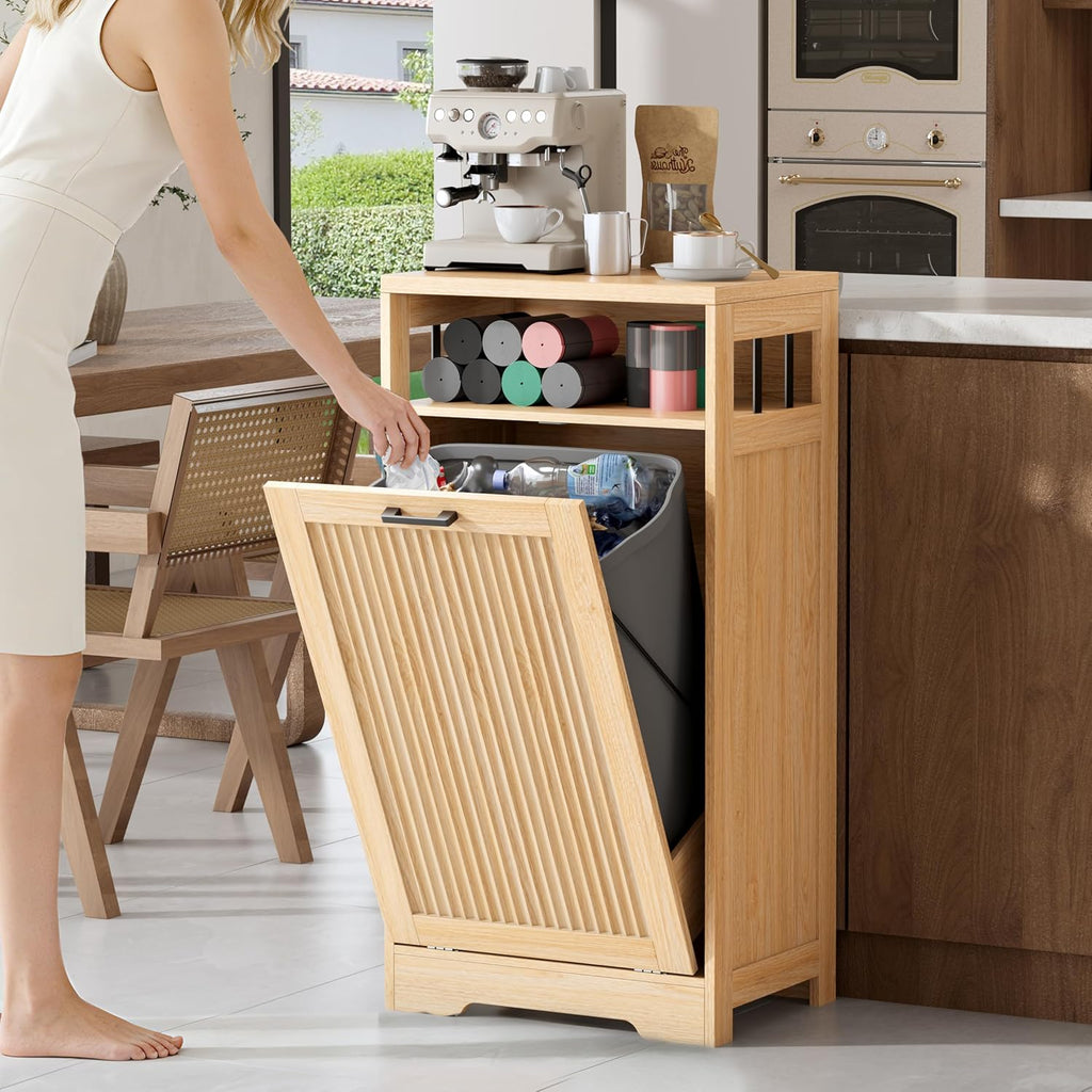 13 Gallon Tilt Out Trash Can Cabinet with Open Shelf & Storage - Pet Proof Hidden Recycling Cabinet & Wooden Laundry
