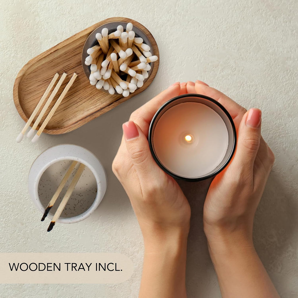 Decorative Ceramic Match Holder with Wooden Tray with Striker - Set of 2