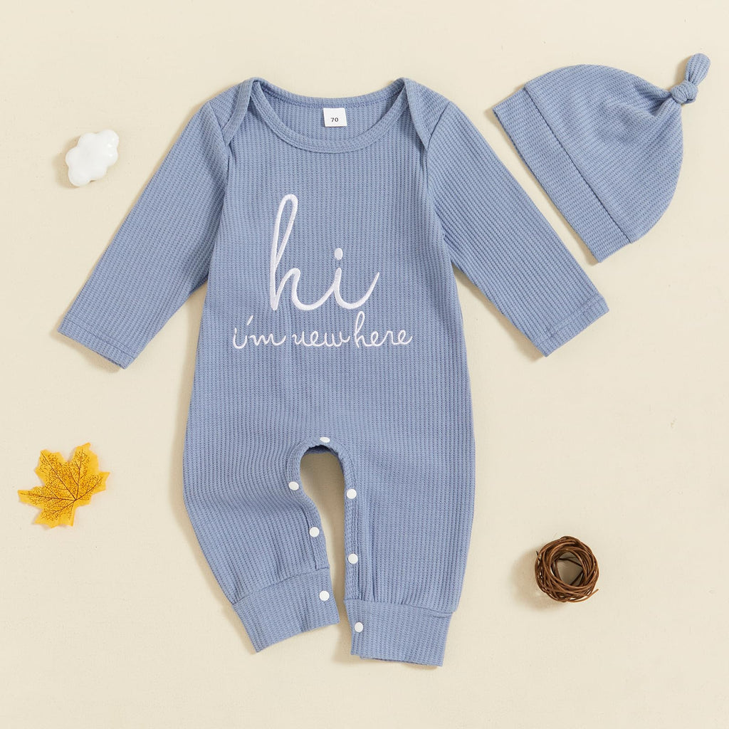 Im New Here Newborn Outfit Boy Long Sleeve Letter Romper Ribbed Knit Jumpsuit Baby Boy Preemie Coming Home Outfit (Hi