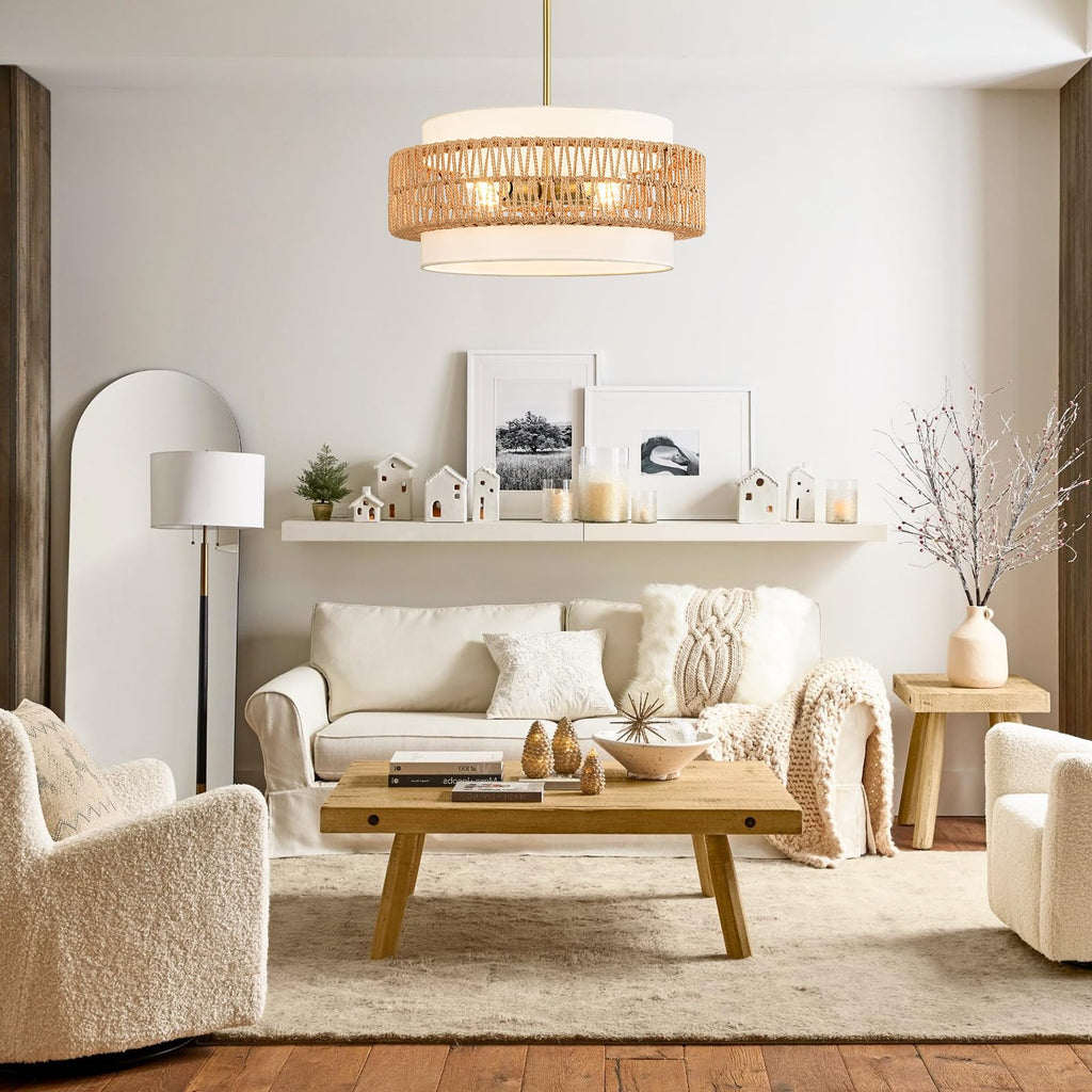 19.7" Rattan Chandelier, 4-Light Boho Pendant Hanging Light