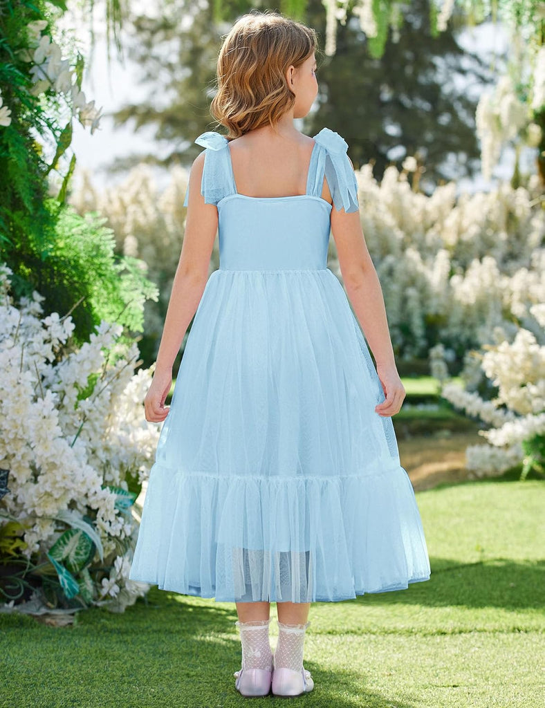 Girls Summer Sleeveless Bow-Tie Straps Party Long Tulle Dresses