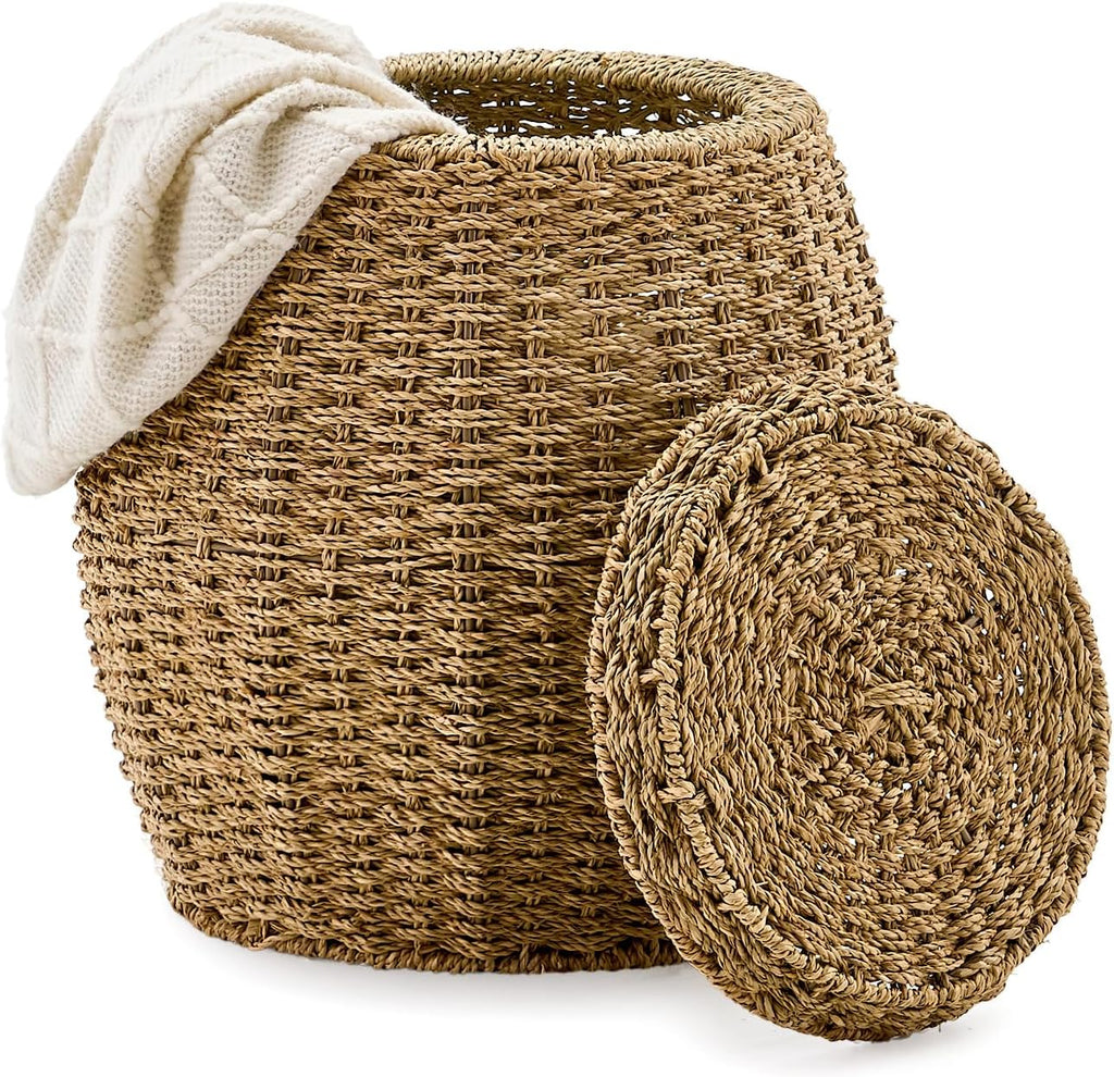 Round Wicker Basket with Lid, Handwoven Seagrass Storage Basket, Blanket Organizer Basket for Laundry, Bathroom