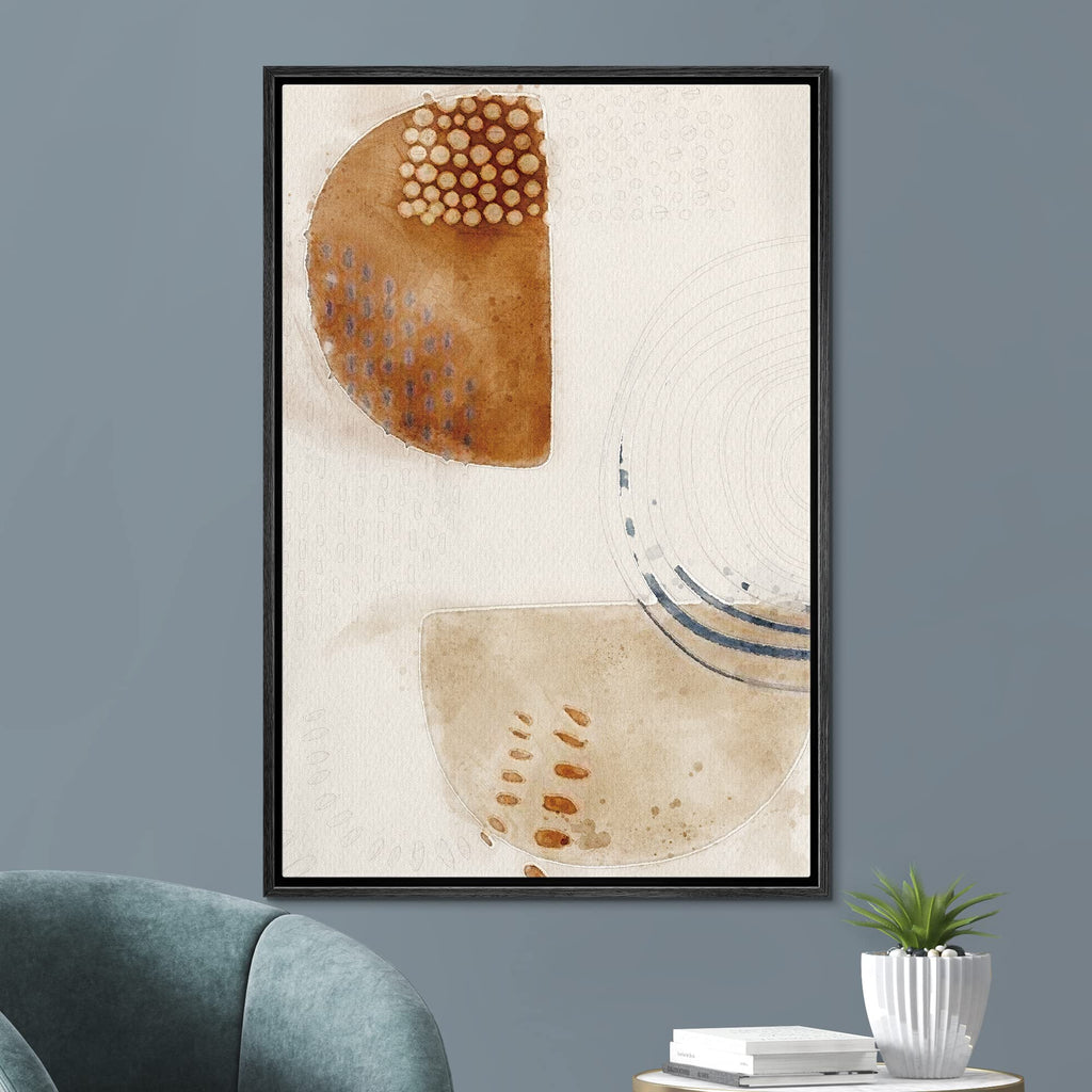 Framed Canvas Wall Art Brown, Biege and White Organic Circles and Lines Geometric Shapes Illustrations Minimalism
